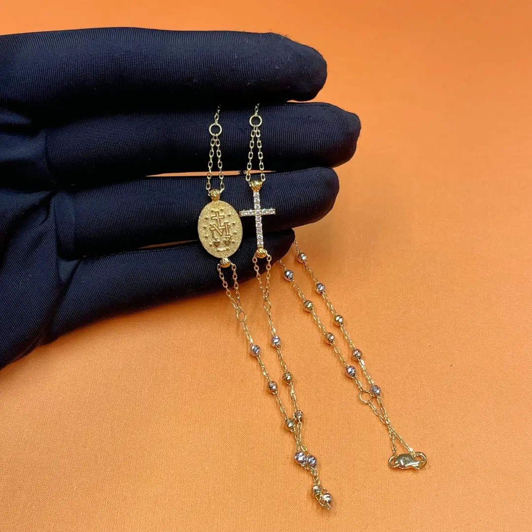 Celoray Custom 18K Three Tones Gold Virgin Mary and Cross Rosary Necklace for Women Celoray Custom 18K Three Tones Gold Virgin Mary and Cross Rosary Necklace for Women