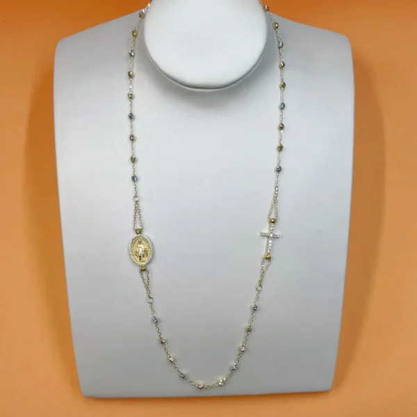 Celoray Custom 18K Three Tones Gold Virgin Mary and Cross Rosary Necklace for Women