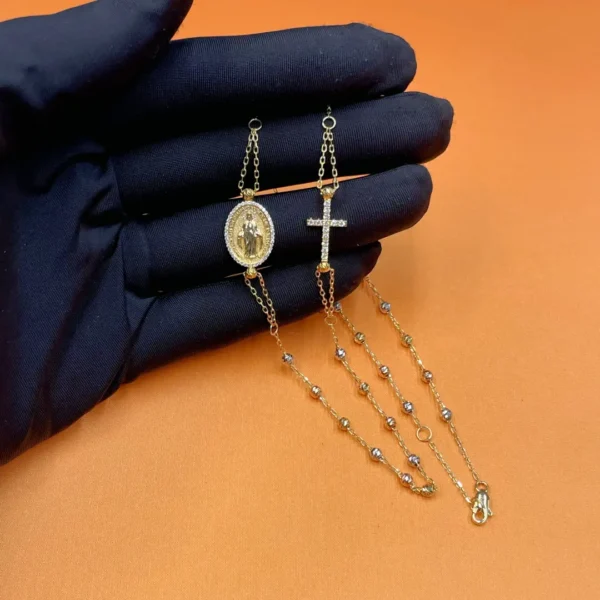 Celoray Custom 18K Three Tones Gold Virgin Mary and Cross Rosary Necklace for Women